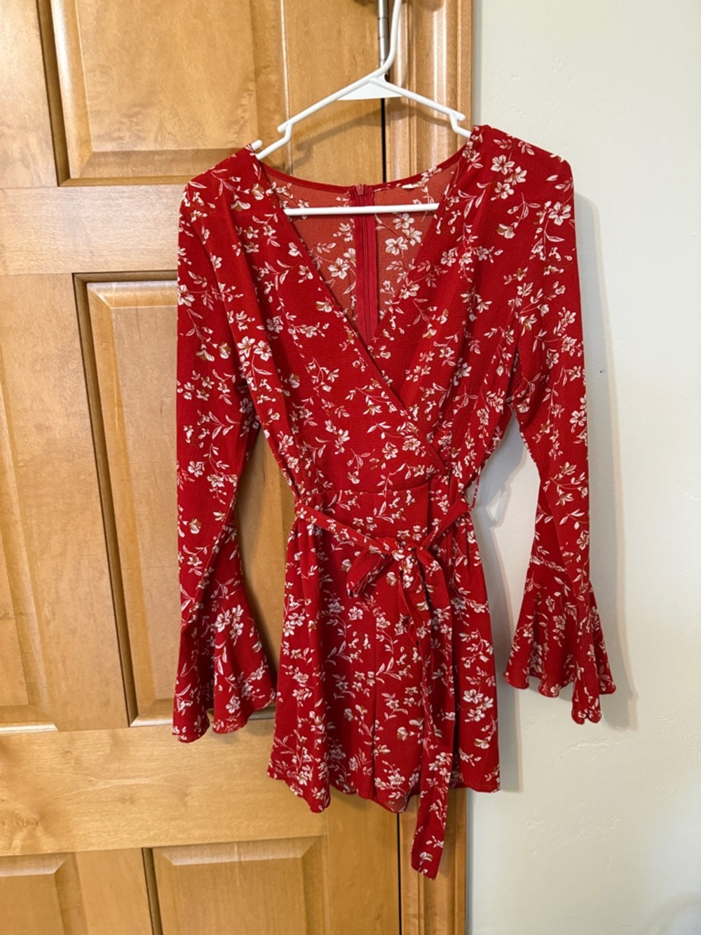 Red Floral Wrap Romper with Bell Sleeves